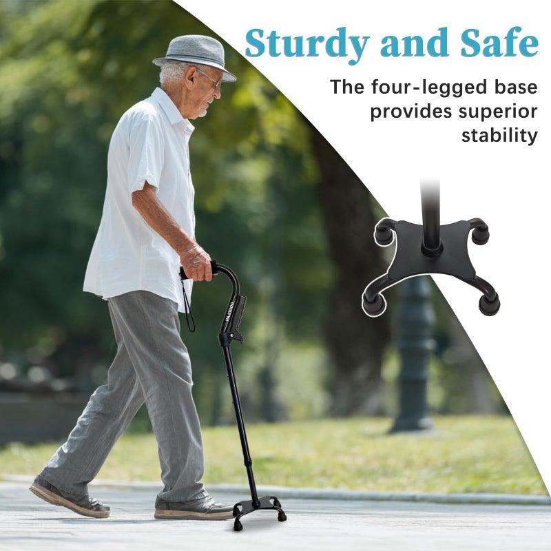 AOHHL Quad Walking Cane Foldable Adjustable Portable Stick Men & Women and Seniors - Lightweight & Sturdy with 4-Pronged Base for Extra Stability Balance,Self Standing Gifts for mom Dad(black1) - Image 2