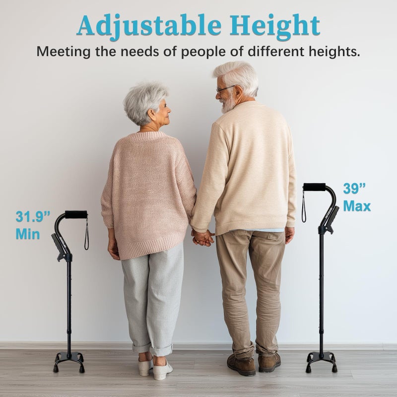 AOHHL Quad Walking Cane Foldable Adjustable Portable Stick Men & Women and Seniors - Lightweight & Sturdy with 4-Pronged Base for Extra Stability Balance,Self Standing Gifts for mom Dad(black1) - Image 4