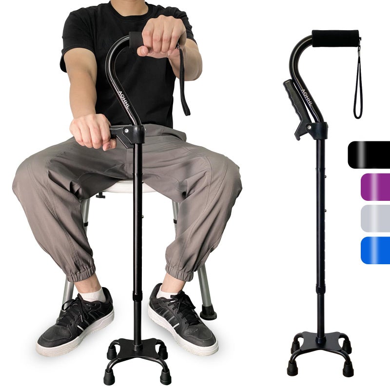 AOHHL Quad Walking Cane Foldable Adjustable Portable Stick Men & Women and Seniors - Lightweight & Sturdy with 4-Pronged Base for Extra Stability Balance,Self Standing Gifts for mom Dad(black1) - Image 1