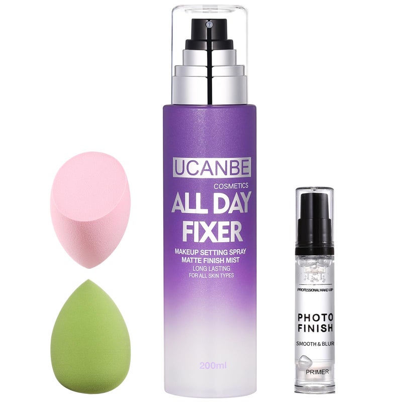 UCANBE Makeup Setting Spray + Face Primer + Make Up Sponge, Gel-Based Hydrating Primer, Lightweight, Long Lasting Matte Finishing Spray,Beauty Blender Set - Image 1