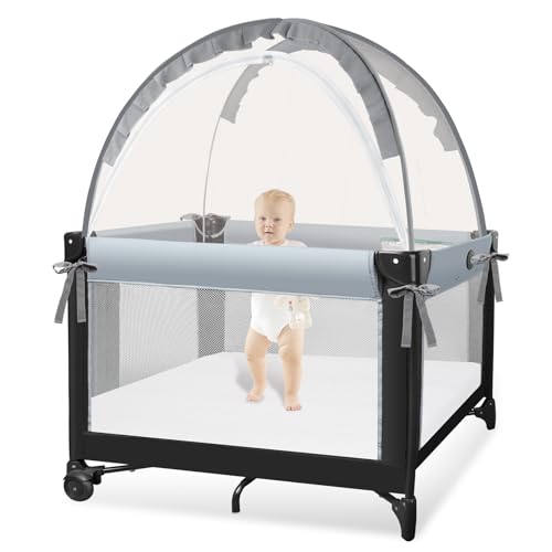 Zkaitoy Pack N Play Tent - Mini Crib Tent to Keep Baby from Climbing Out - Crib Net to Keep Baby in - Pop Up Breathable Cribs Cover - Canopy with Upgrade Strong Mesh and Durable Zipper (Gray, Small) - Image 1