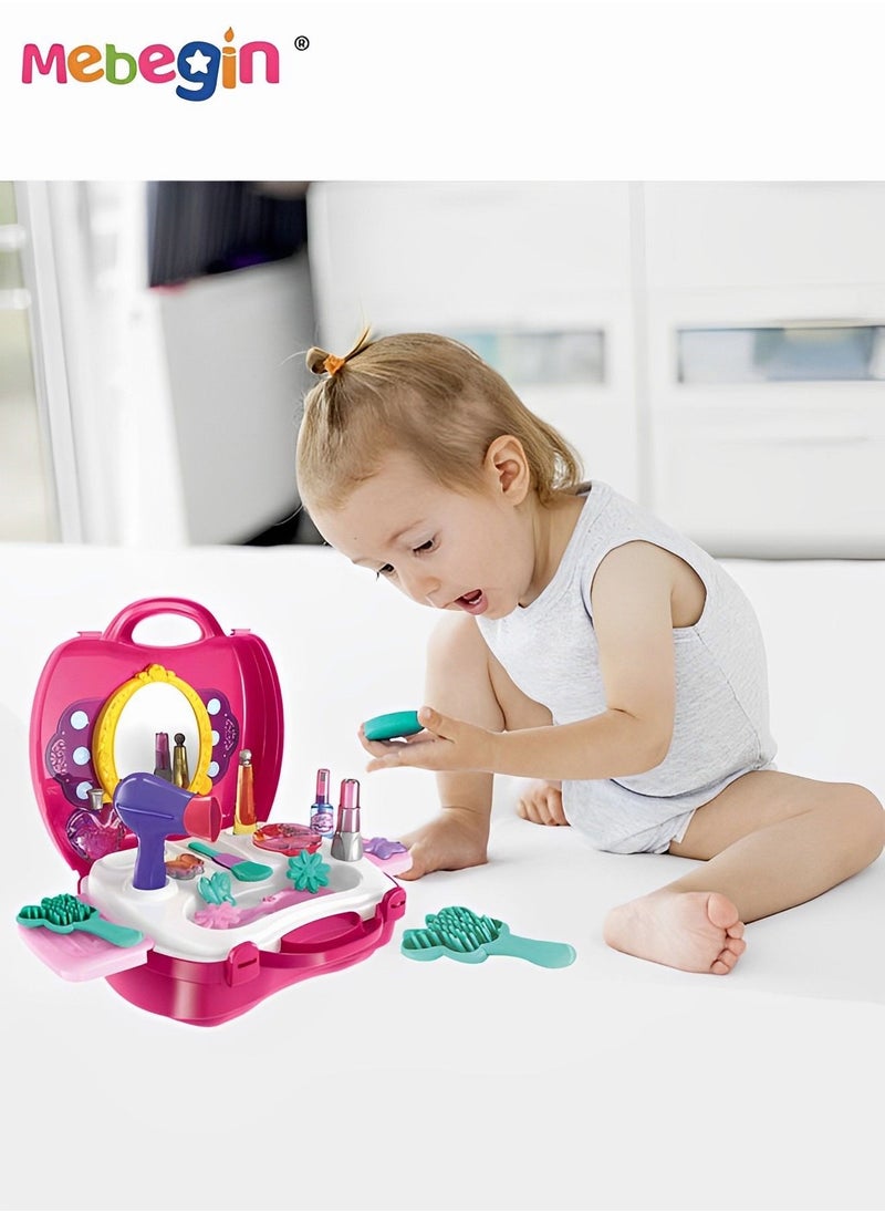MEBEGIN 21 pieces Kids Makeup Suitcase Kit Girl Pretend Play Makeup Toy For Toddler Gifts With Hair Dryer Comb Mirror Lipstick Makeup Brush  - Image 5