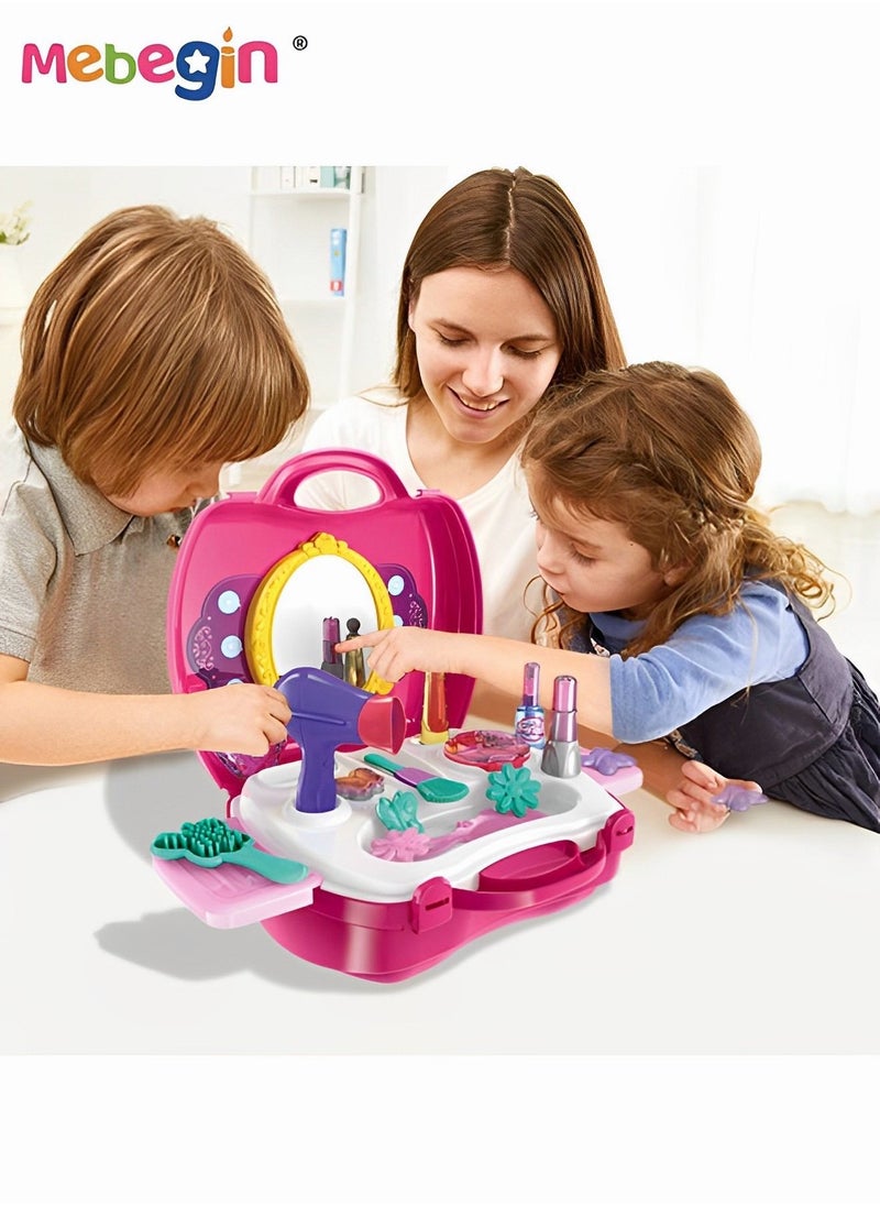 MEBEGIN 21 pieces Kids Makeup Suitcase Kit Girl Pretend Play Makeup Toy For Toddler Gifts With Hair Dryer Comb Mirror Lipstick Makeup Brush  - Image 2