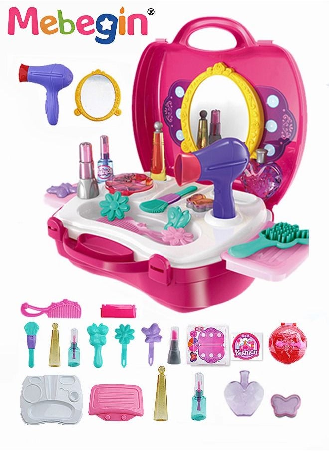 MEBEGIN 21 pieces Kids Makeup Suitcase Kit Girl Pretend Play Makeup Toy For Toddler Gifts With Hair Dryer Comb Mirror Lipstick Makeup Brush  - Image 1