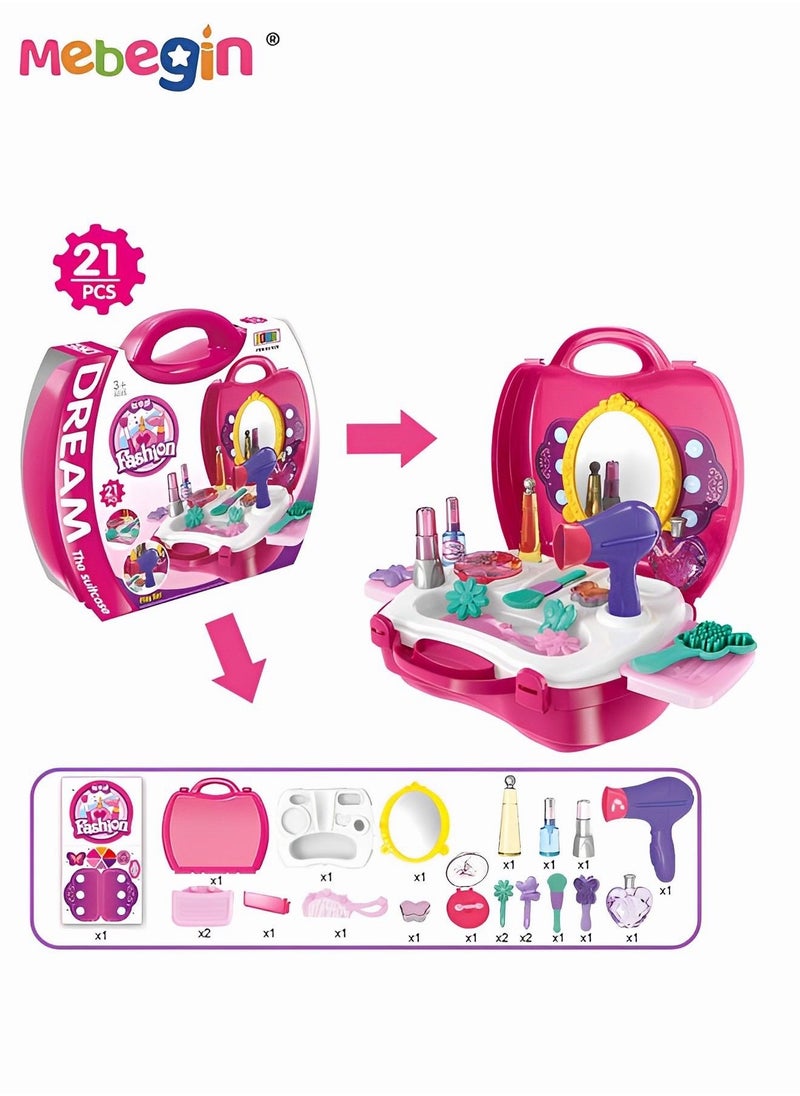 MEBEGIN 21 pieces Kids Makeup Suitcase Kit Girl Pretend Play Makeup Toy For Toddler Gifts With Hair Dryer Comb Mirror Lipstick Makeup Brush  - Image 4