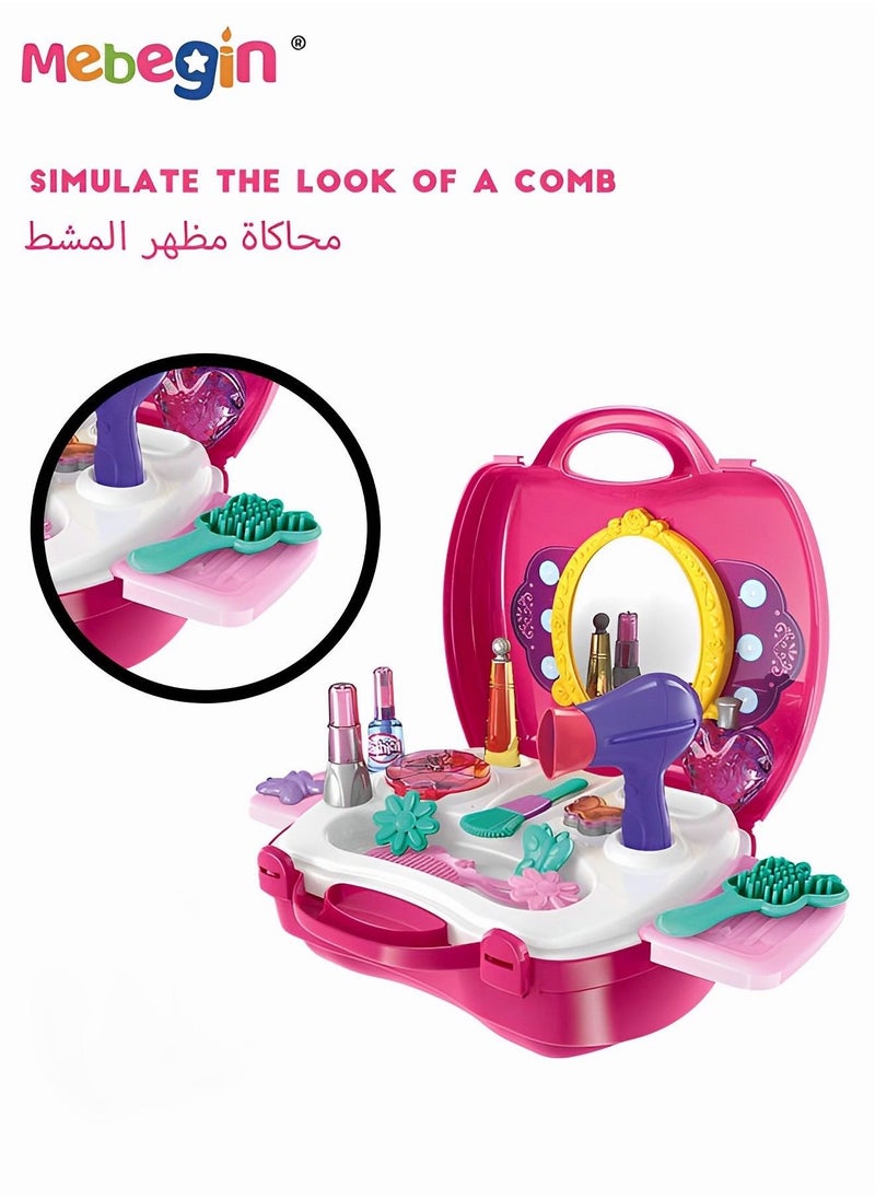 MEBEGIN 21 pieces Kids Makeup Suitcase Kit Girl Pretend Play Makeup Toy For Toddler Gifts With Hair Dryer Comb Mirror Lipstick Makeup Brush  - Image 3