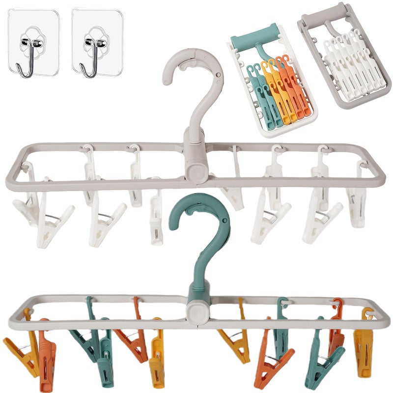 Foshine Clothes Drying Racks 2 Pack Grey Colour Small Folding Portable Underwear Hangers with 12 Clips 360Â° Rotatable Hook for Socks Drying Towels Bras Baby Clothes Gloves Plast - Image 1