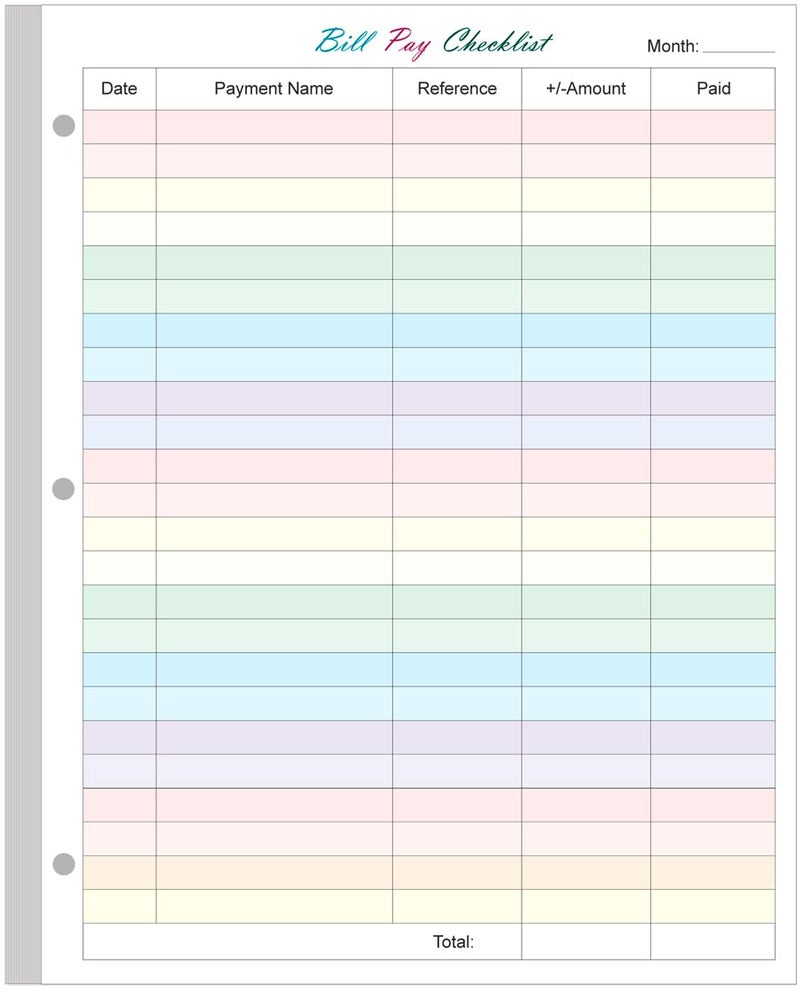 Yaridar A4 Bill Payment Checklist Refills Paper - 3-Hole Punched Loose Leaf Budget Planner Refill, 50 Sheets/100 Pages Colorful Monthly Budget Forms, 100 gsm White Paper, 8.5" x 11" - Image 1