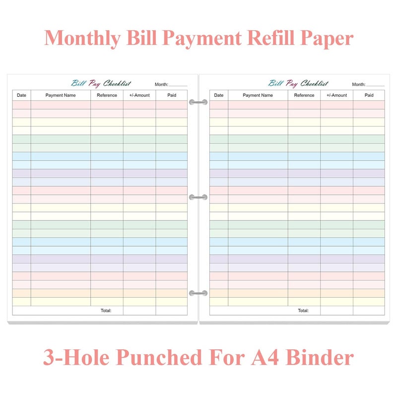 Yaridar A4 Bill Payment Checklist Refills Paper - 3-Hole Punched Loose Leaf Budget Planner Refill, 50 Sheets/100 Pages Colorful Monthly Budget Forms, 100 gsm White Paper, 8.5" x 11" - Image 2