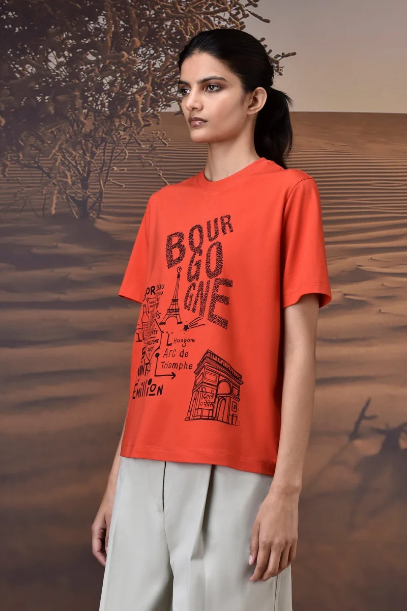 Genes Lecoanet Hemant  French Sketch Cotton Jersey T-Shirt - Coquelicot Red for Women | Best Price UAE