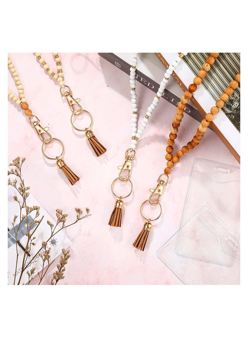 SYOSI Bohemian Bead Lanyards, 12 Pieces Retro Style Wood Beaded Lanyards and Card Holder Set, Including 4 Wooden Bead Neck Strap with Tassel and 8 Clear Card Holders, for Keys, Phone Bags, ID Card - Image 4