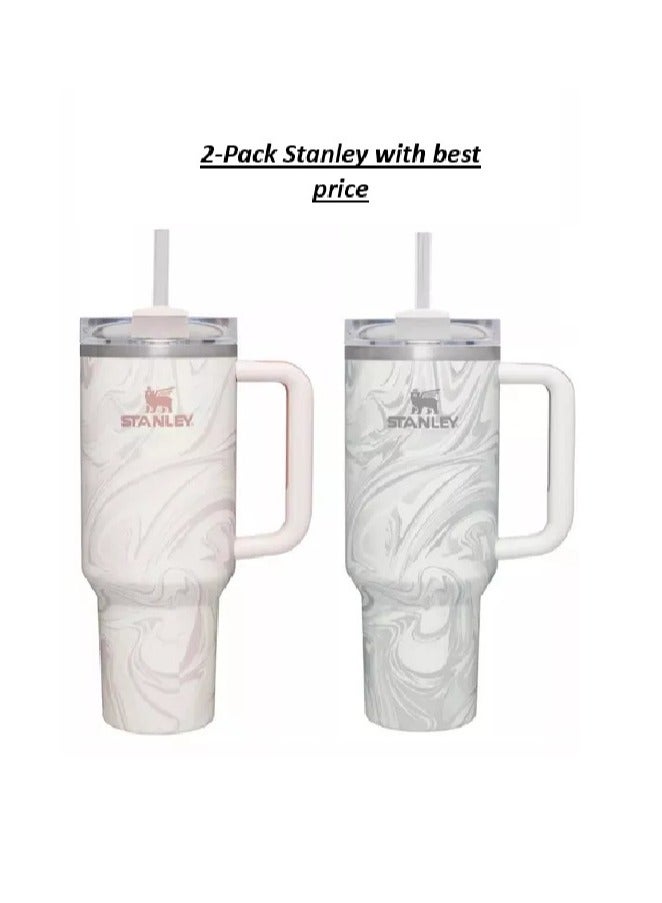 Stanley 2-Pack Quencher H2.0 FlowState 40oz Stainless Steel Vacuum Insulated Tumbler with Lid and Straw – Rose Quartz & Swirl, Leak-Resistant Double-Walled Design, Keeps Drinks Hot for 7 Hours & Cold for 24 Hours, Perfect for Travel, Workouts, and Daily Hydration, Durable & Stylish - Image 1