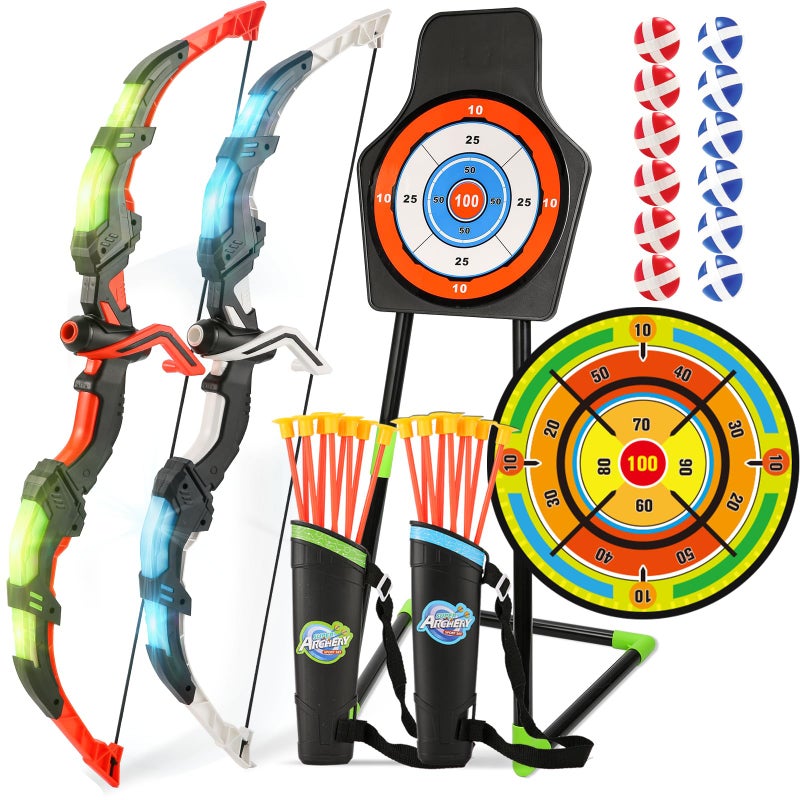 Handwell 2 Pack Bow and Arrow Set with 29in Large Dart Board LED Light Up Archery Set for Kids with 20 Suction Cup Arrows12 Sticky Balls Standing Target Indoor Outdoor Toys Must Have for Boys Girls 312 yo - Image 2