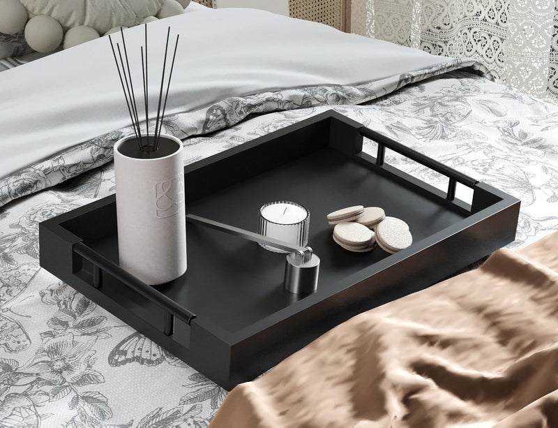 Fibogollo Bamboo Serving Tray with Metal Handles,15x10in Ottoman Decorative Trays Platter for Coffee Table,Living Room,Bar,Party,Medium(Black) - Image 2