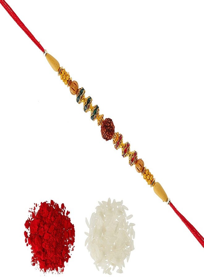 VTFlair Fancy Rudraksha Wooden Ring Rakhi with Roli Chawal Tilak For Men Boys (Golden) Rakhi for Rakshabandhan-065