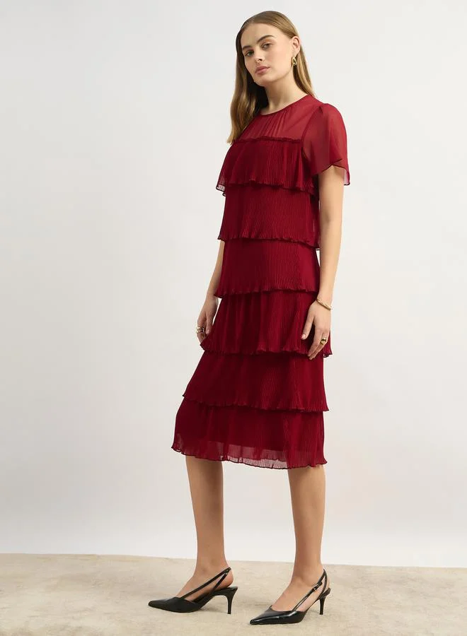 Styli Plain Short Sleeves Tiered Knee Length Dress