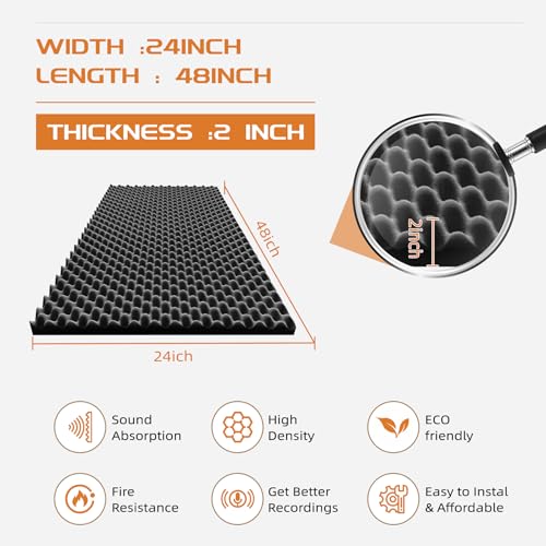 TEMGCUAM 2 Pack Sound Proof Foam Panels | 48"×24"×2" Egg Crate Foam Pad | High Density Soundproof Wall Panels for Home Studio Noise & Thermal Insulation |With Adhesive Stickers 20PCS(Black)… - Image 2