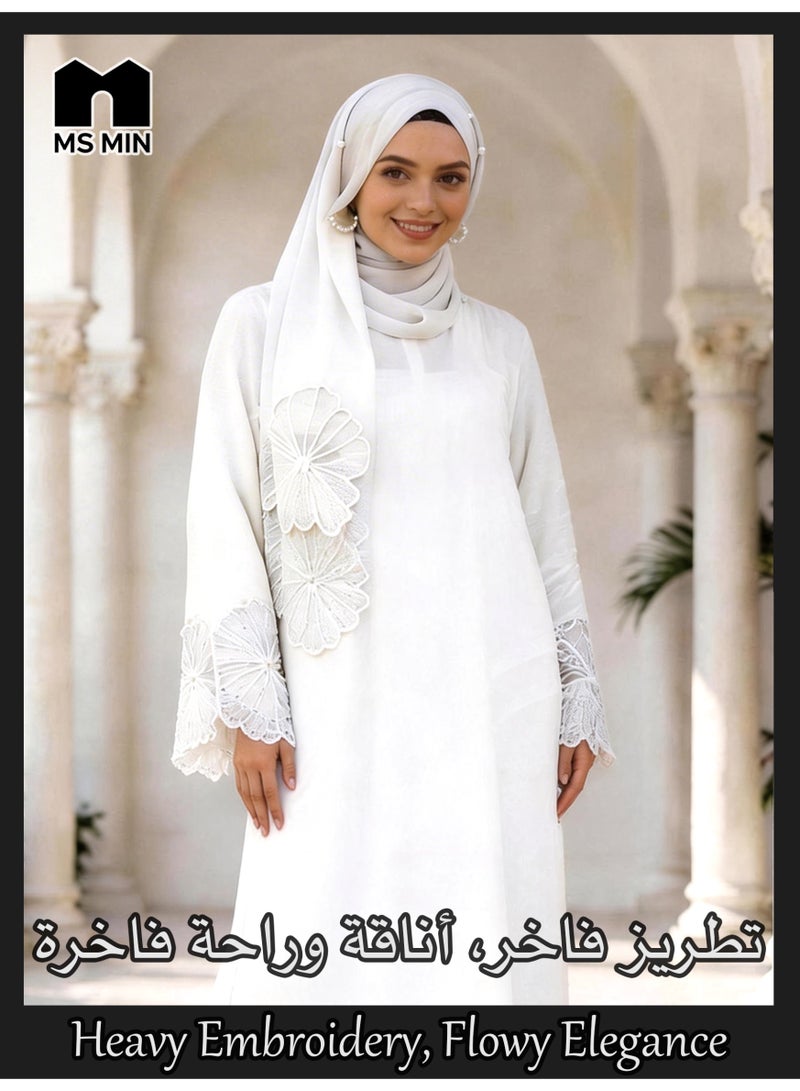 MS MIN White Lace Embroidered Hijab Matching Muslim Abaya, Draped Skin-Friendly Prayer Dress, Minimalist Elegant Gown - Image 1