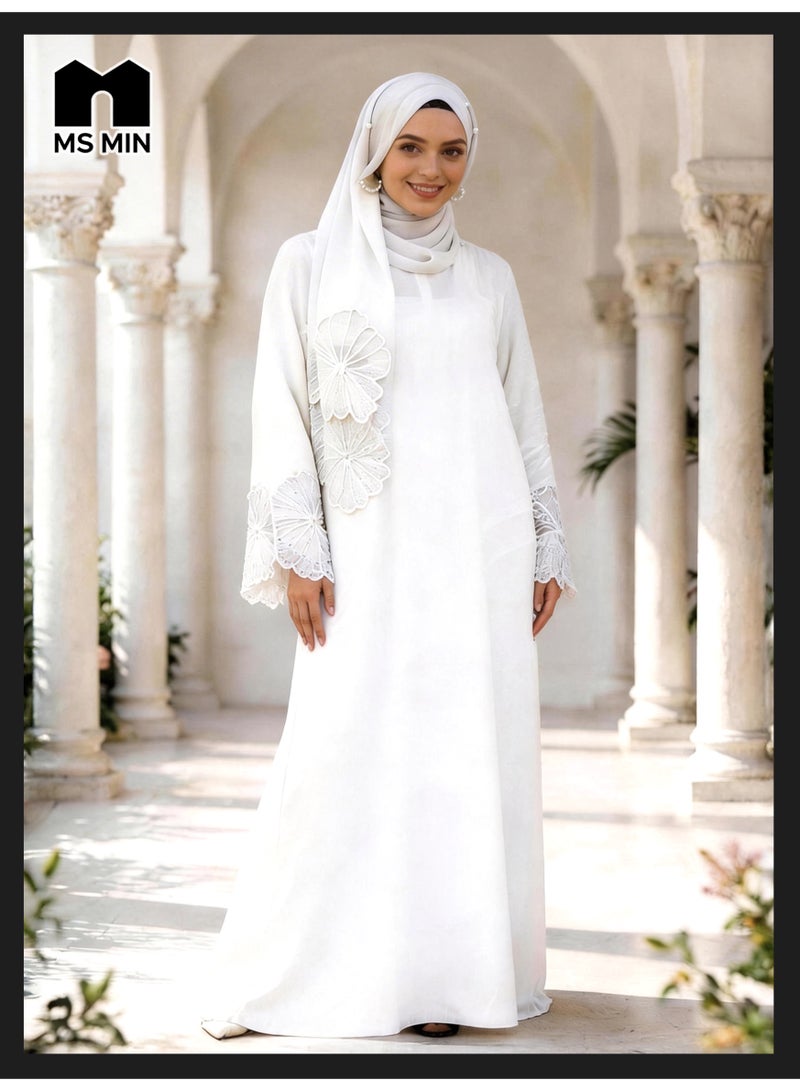 MS MIN White Lace Embroidered Hijab Matching Muslim Abaya, Draped Skin-Friendly Prayer Dress, Minimalist Elegant Gown - Image 2