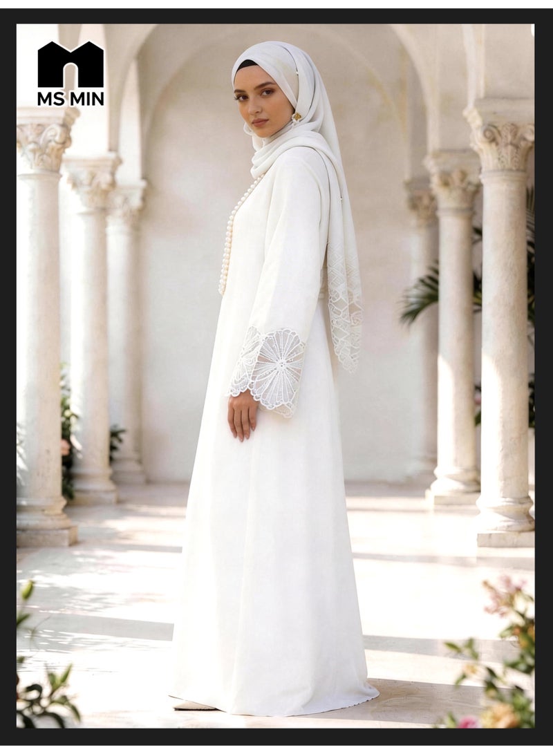 MS MIN White Lace Embroidered Hijab Matching Muslim Abaya, Draped Skin-Friendly Prayer Dress, Minimalist Elegant Gown - Image 3