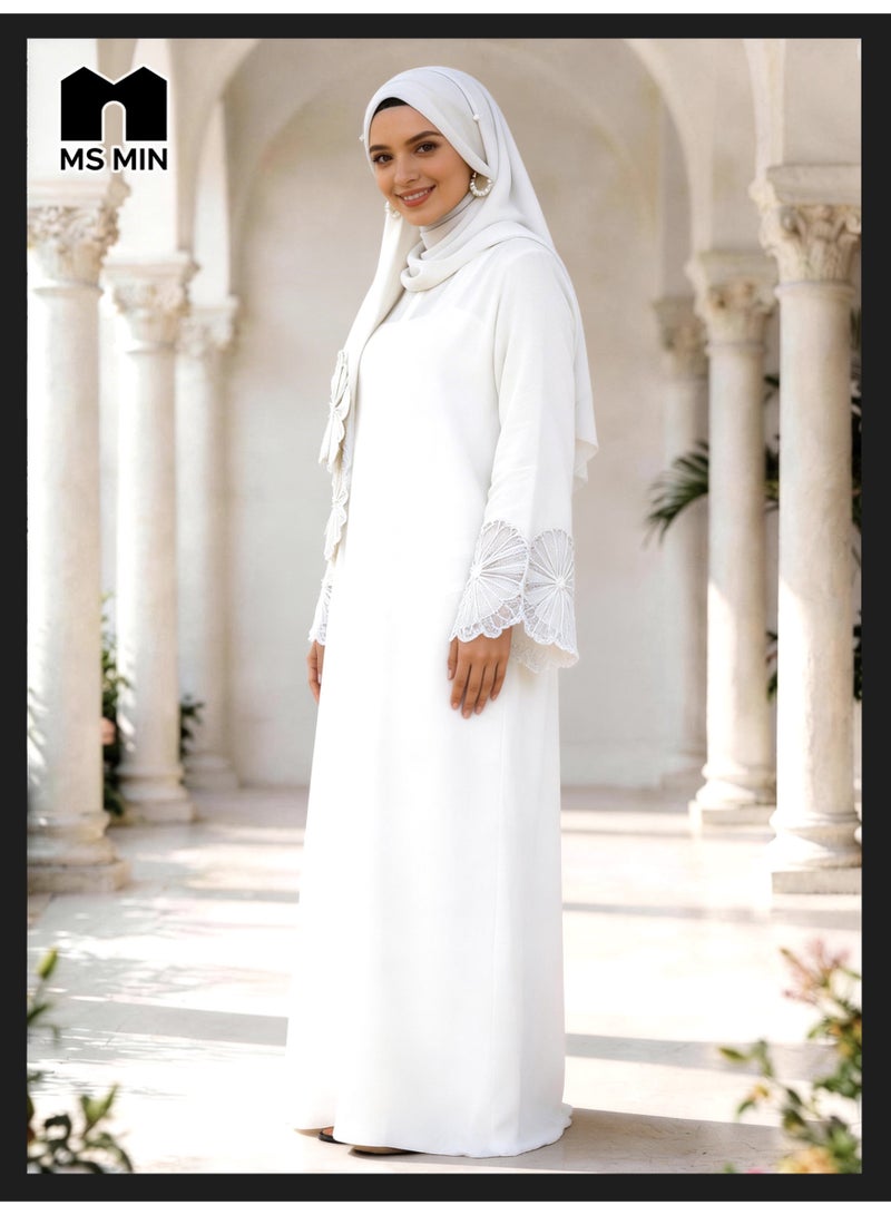 MS MIN White Lace Embroidered Hijab Matching Muslim Abaya, Draped Skin-Friendly Prayer Dress, Minimalist Elegant Gown - Image 4