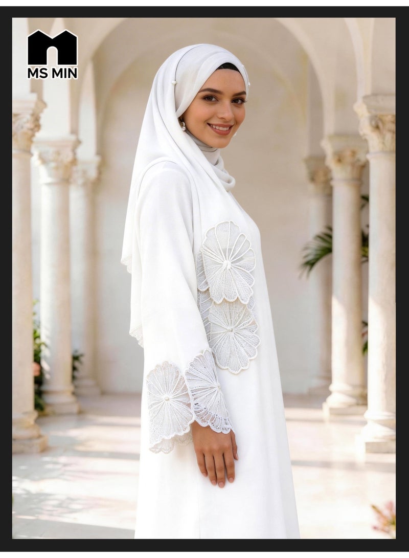 MS MIN White Lace Embroidered Hijab Matching Muslim Abaya, Draped Skin-Friendly Prayer Dress, Minimalist Elegant Gown - Image 5