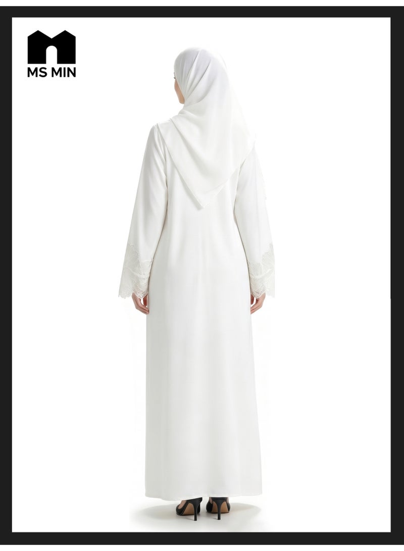 MS MIN White Lace Embroidered Hijab Matching Muslim Abaya, Draped Skin-Friendly Prayer Dress, Minimalist Elegant Gown - Image 5