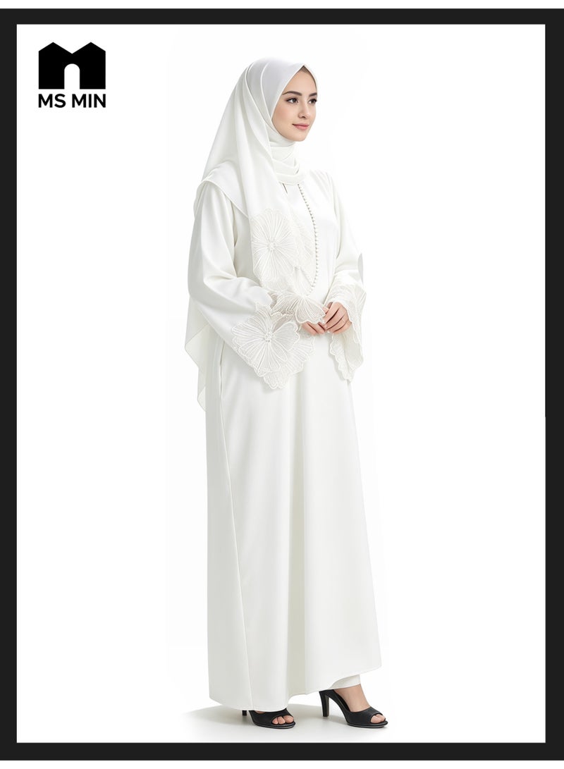 MS MIN White Lace Embroidered Hijab Matching Muslim Abaya, Draped Skin-Friendly Prayer Dress, Minimalist Elegant Gown - Image 3