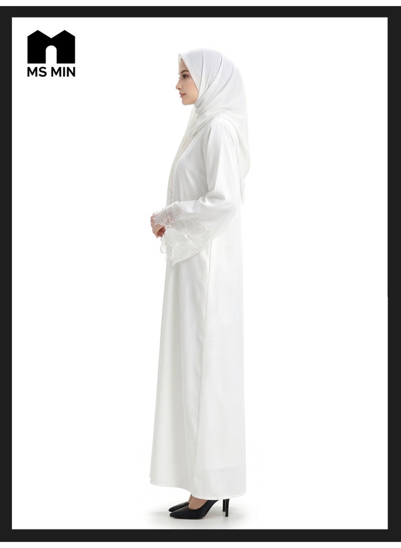 MS MIN White Lace Embroidered Hijab Matching Muslim Abaya, Draped Skin-Friendly Prayer Dress, Minimalist Elegant Gown - Image 4