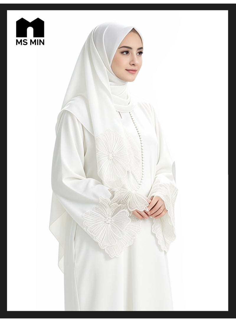 MS MIN White Lace Embroidered Hijab Matching Muslim Abaya, Draped Skin-Friendly Prayer Dress, Minimalist Elegant Gown - Image 2