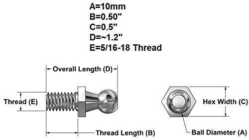 JQuad (4 Pack) 10mm Ball Studs with Hardware - 5/16-18 Thread x 1/2" Long Shank - Gas Lift Support Strut Fitting - Image 2
