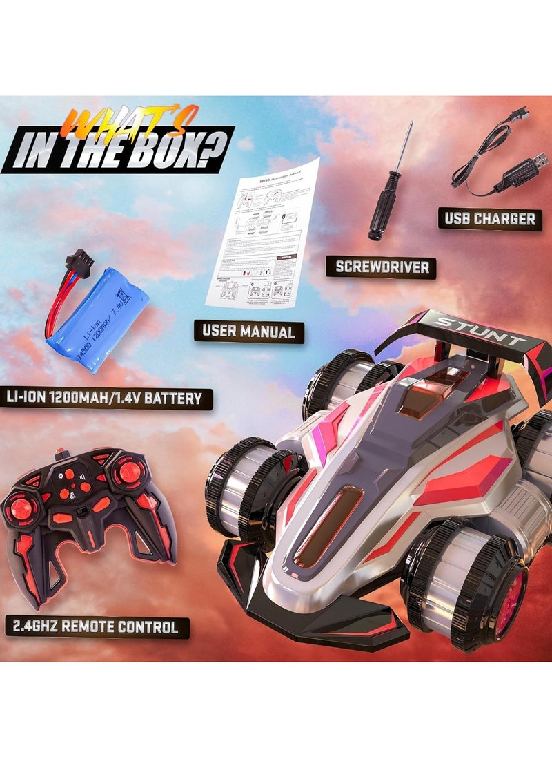 Taizz Ventures Remote Control Cars for Boys Age 4-14 - 360 Spin Rotating Fast RC Cars, 4WD Upright Walking Rc Stunt Car with LED Lights Music, 2.4Ghz Indoor/Outdoor All Terrain Rechargeable Cars - Red  - Image 5