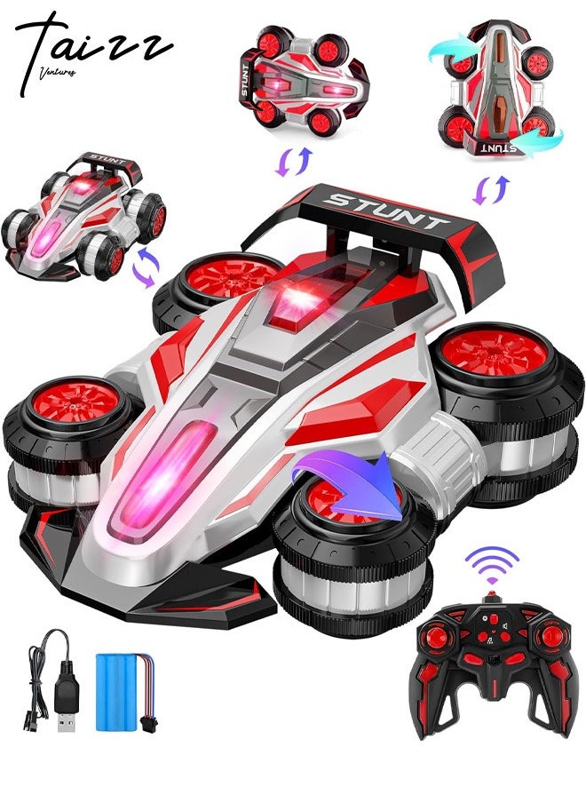 Taizz Ventures Remote Control Cars for Boys Age 4-14 - 360 Spin Rotating Fast RC Cars, 4WD Upright Walking Rc Stunt Car with LED Lights Music, 2.4Ghz Indoor/Outdoor All Terrain Rechargeable Cars - Red  - Image 1