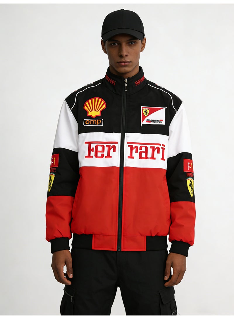 F1 Ferrari F1 Racing Jacket - Shell/OMP Sponsor Badges, Red/Black/White Color Block, Full-Zip Design, Unisex Motorsport Streetwear Coat - Image 3