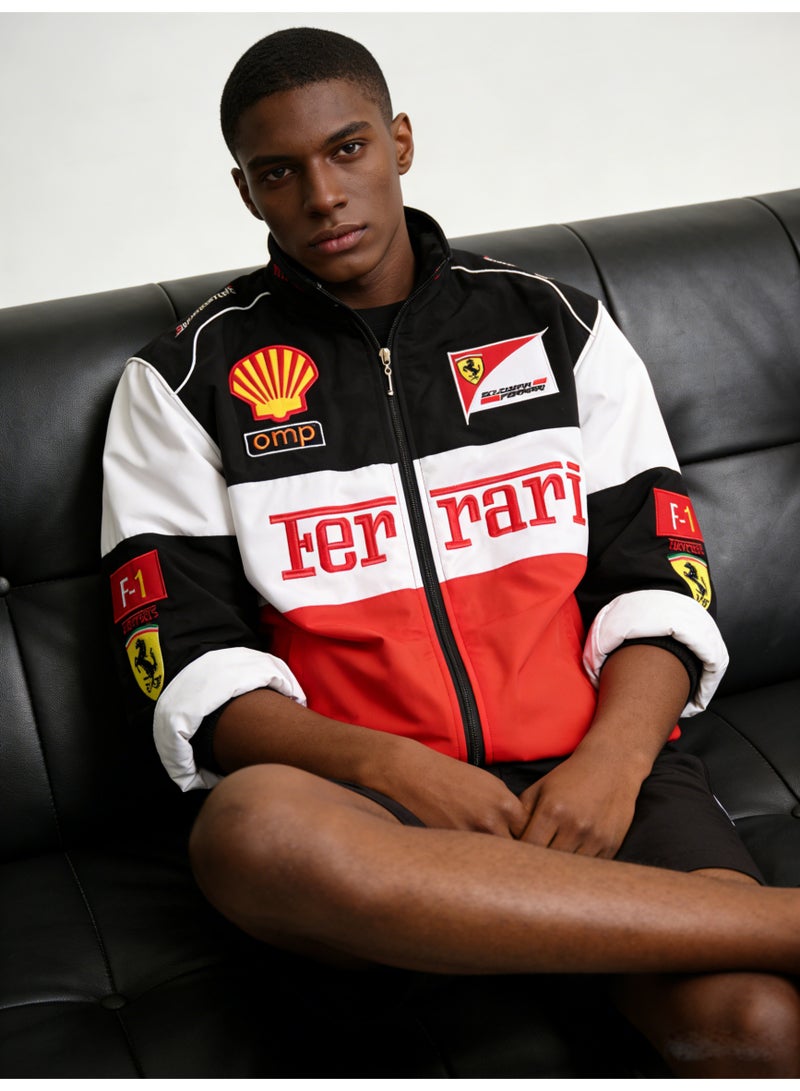 F1 Ferrari F1 Racing Jacket - Shell/OMP Sponsor Badges, Red/Black/White Color Block, Full-Zip Design, Unisex Motorsport Streetwear Coat - Image 2