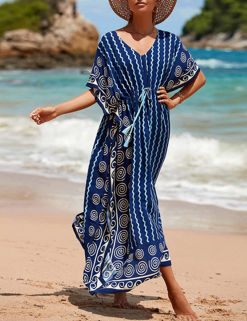 Bsubseach Kaftan Dresses for Women Plus Size Swimsuit Cover Up Long Caftan Dress with Waist Drawstring Wavy Stripes - Image 2