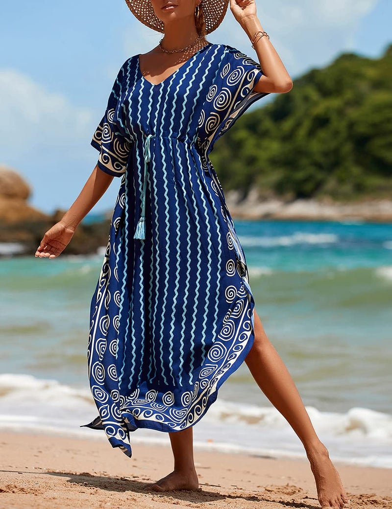 Bsubseach Kaftan Dresses for Women Plus Size Swimsuit Cover Up Long Caftan Dress with Waist Drawstring Wavy Stripes - Image 3