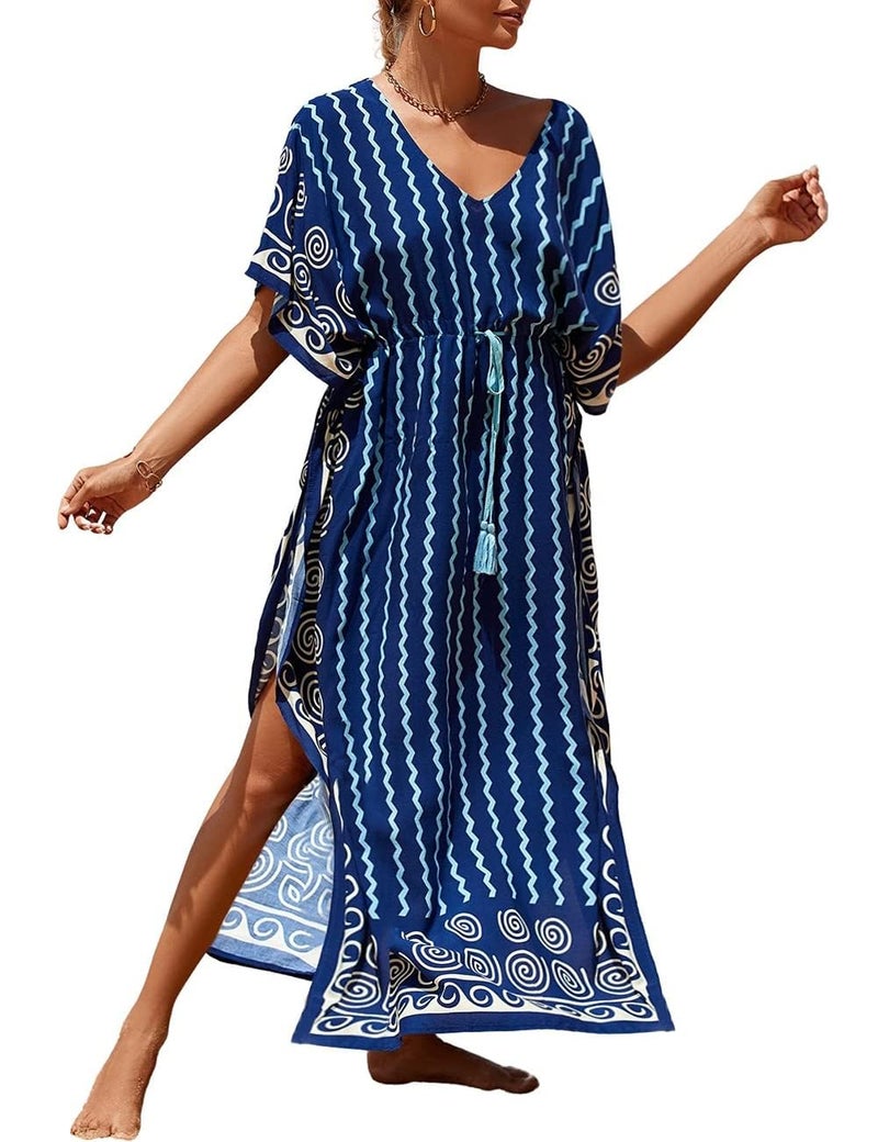 Bsubseach Kaftan Dresses for Women Plus Size Swimsuit Cover Up Long Caftan Dress with Waist Drawstring Wavy Stripes - Image 1