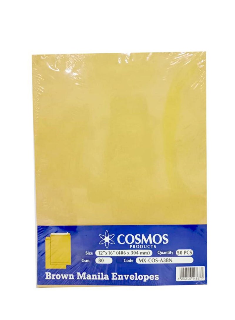 COSMOS A3 Plain Brown Envelopes 80 GSM, 16×12″ , Peel & Seal ( Pack of 50 Pieces) - Image 1