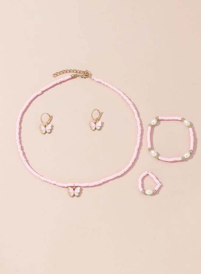 Girls Pink Butterfly Charm Beaded Necklace, Bracelet, Ring and Earrings Set