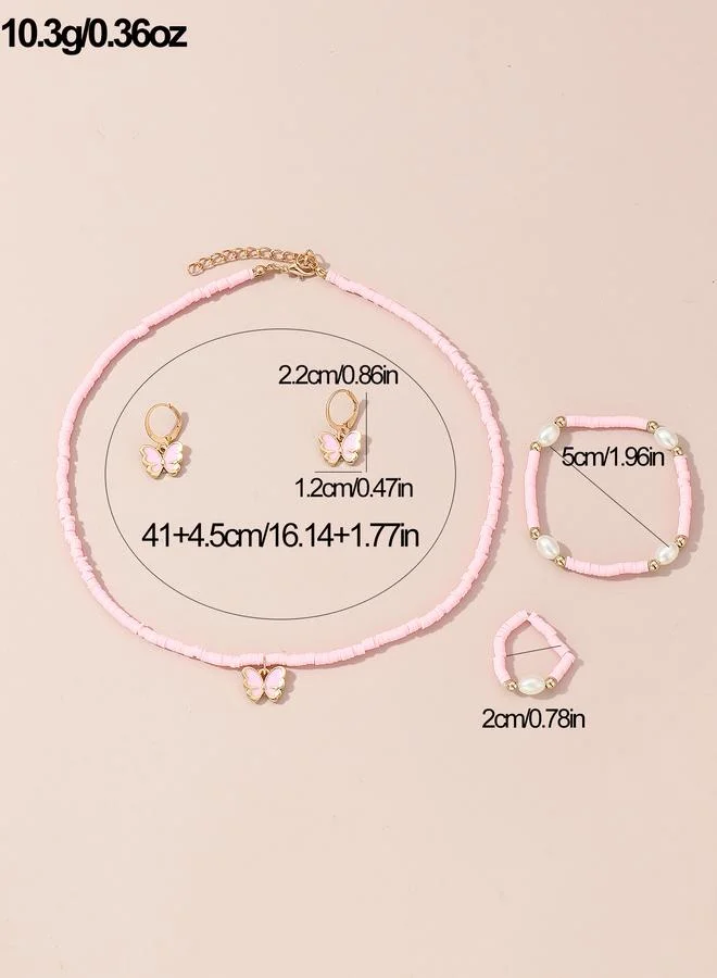 Take Two  Girls Pink Butterfly Charm Beaded Necklace, Bracelet, Ring and Earrings Set for Women | Best Price UAE