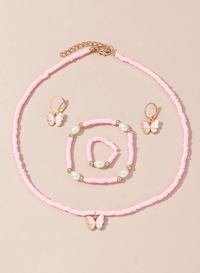Take Two  Girls Pink Butterfly Charm Beaded Necklace, Bracelet, Ring and Earrings Set for Women | Best Price UAE