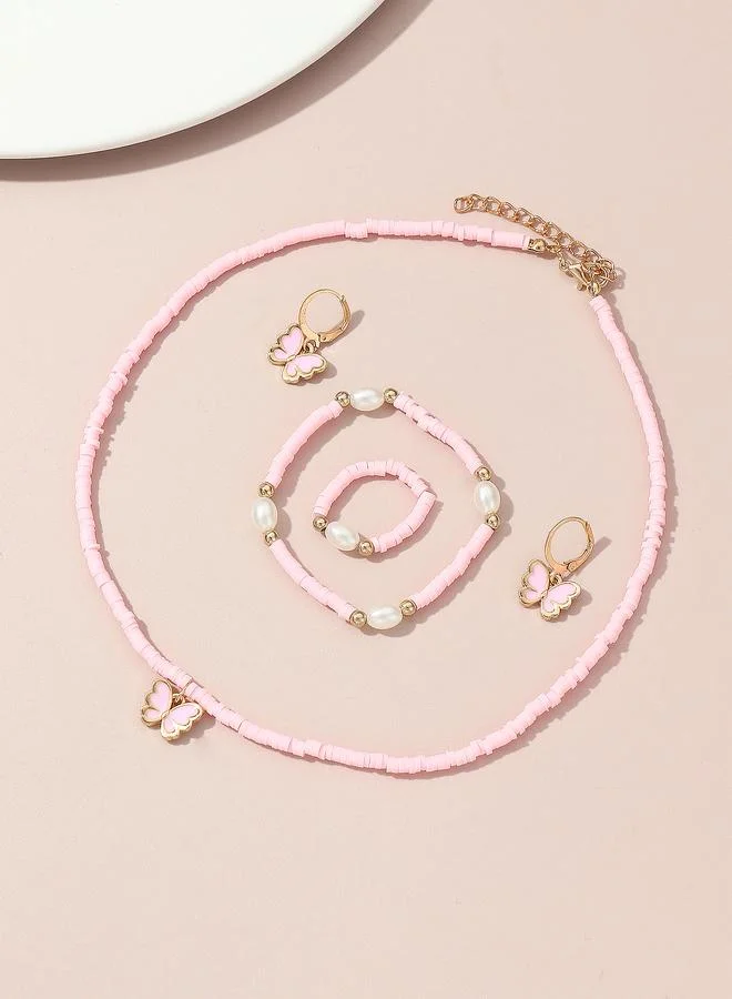 Take Two  Girls Pink Butterfly Charm Beaded Necklace, Bracelet, Ring and Earrings Set for Women | Best Price UAE