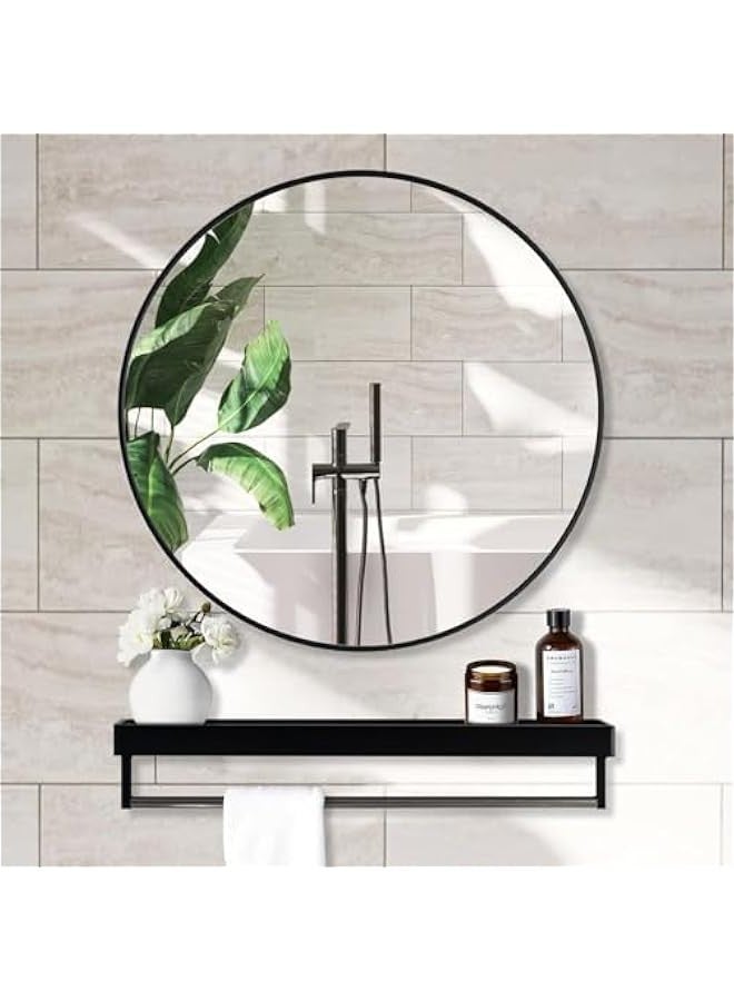 تراسل مرآة مستديرة مع رف، مرآة دائرية بإطار معدني، مرآة حائط للحمام، مرآة حمام، مرآة مثبتة على الحائط لديكور الحائط، غرفة المعيشة، غرفة النوم، الحمام - Image 1