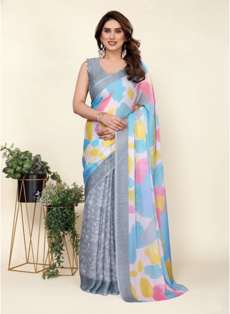Chiffon Silk Saree, Women's Moss Chiffon Silk Printed Saree with Unstitched Blouse Piece |  Daily Wear, Festive, & Casual Occasions (Gray) - Image 3
