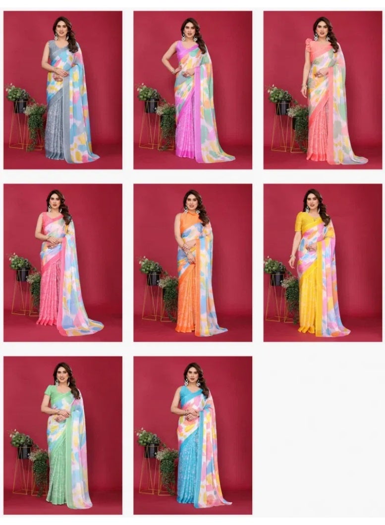 Chiffon Silk Saree, Women's Moss Chiffon Silk Printed Saree with Unstitched Blouse Piece |  Daily Wear, Festive, & Casual Occasions (Gray) - Image 2