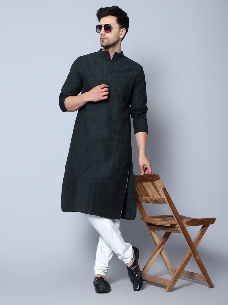 LATEST CHIKAN Men's Cotton Regular Fit Textured Long Kurta Full Sleeves - Casual Ethnic Wear -LK-DBL-BGR-44 Bottle Green - Image 2
