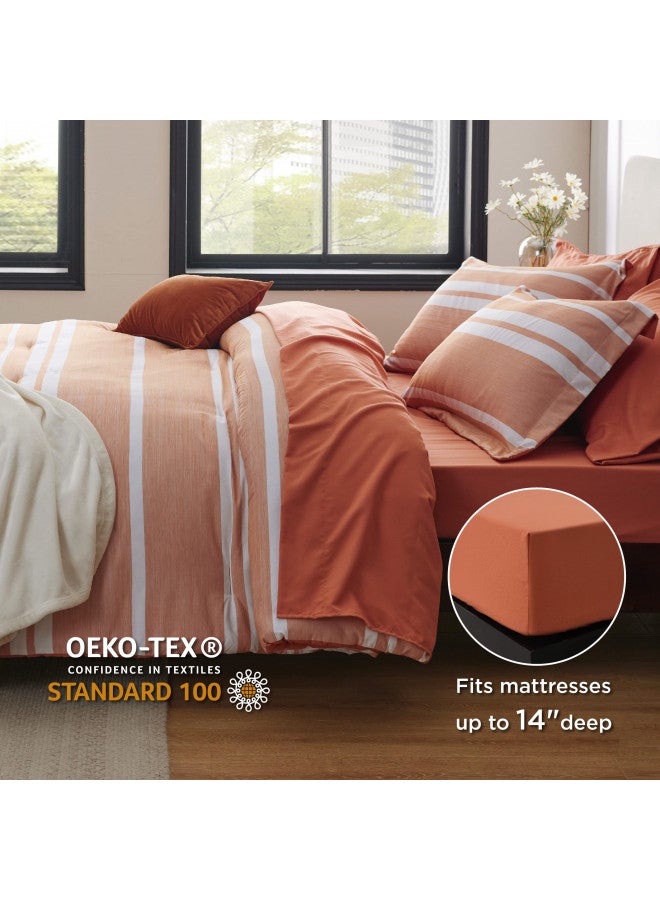 Bedsure Bedsure Bed in a Bag Queen Size 7 Pieces, Burnt Orange White Striped Bedding Comforter Sets All Season Bed Set, 2 Pillow Shams, Flat Sheet, Fitted Sheet and 2 Pillowcases  - Image 2