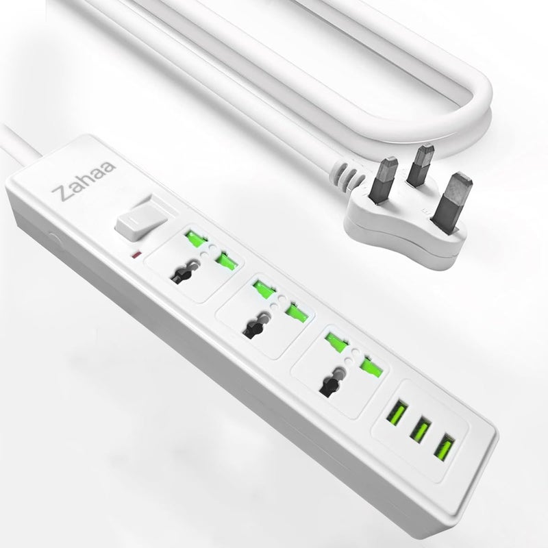 زها سلك تمديد عالمي من زها مع 3 مقابس طاقة و3 منافذ USB، شريط طاقة 3 منافذ مع منفذ شحن USB، سلك تمديد 3 أمتار - أبيض (3M+3S+3U) - Image 1