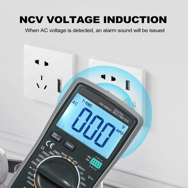 مقياس رقمي ذكي KM-DM02A مدى تلقائي 2000 عداد مقياس عالمي NCV جهاز اختبار محمول متعدد الوظائف متر فولتميتر أمميتر مع ضوء خلفي لقياس الجهد والتيار المتردد/المستمر والمقاومة والسعة والتردد، اختبار الاتصال والدايود، قياس hFE والقيمة المتوسطة والقيمة الحقيقية للمجذر التربيعي RMS - Image 5